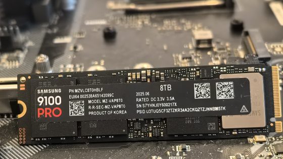 The Samsung 9100 Pro 8TB is a double-sided M.2 NVMe SSD. The photo shows the front of the drive with Samsung's "Presto" controller, DRAM memory, and dual array NAND chips.